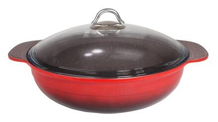 Onyx 32 cm Basık Kendinden Kulplu Cam Kapaklı Döküm Kırmızı Siyah Tencere Kırmızı